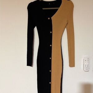 Fashion Nova Black and Camel Button-Front Midi Dress